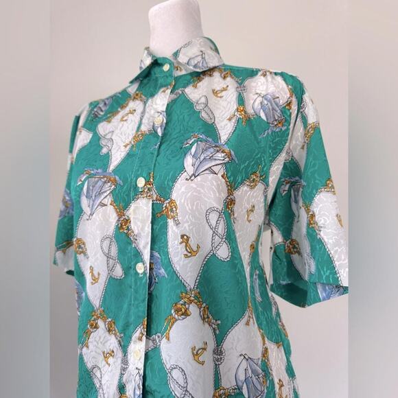 Vintage ‘80s All Hours Sailboat & Anchor Print Short Sleeve Collared Blouse - Picture 3 of 10